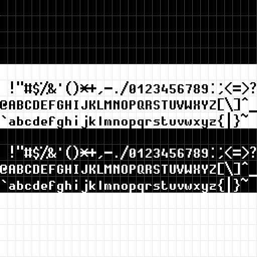 Ordre des tuiles encodées par la combinaison ascii8x16 - base1 disposé par lignes de 32 tuiles.